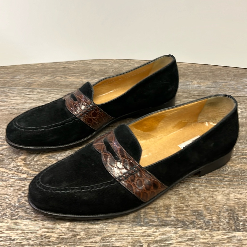 Moreschi Italy Men’s Slip On Black Suede Crocodile Trimmed Loafers Size